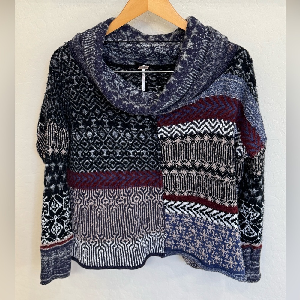 Free People Mixed Geometric Patchwork Cowl Neck Chunky Knit Boho Sweater S